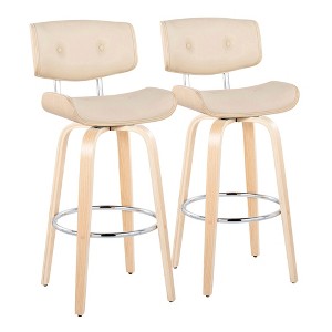 30" Natural Wood and Faux Leather Fixed-Height Swivel Barstool with Round Chrome Metal Footrest, Set of 2 for Kitchen or Home Bar - 1 of 4