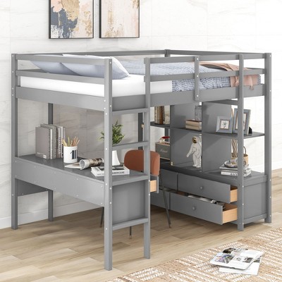 CAVINAS Full Size Bunk Bed with Desk Pine Bed Frame with Storage Shelves and Drawers for Bedroom