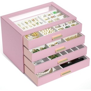 Leather Jewelry Box with Clear Lid, 2-Drawer Storage Organizer Case for Necklaces, Rings, Earrings, Bracelets - 1 of 4