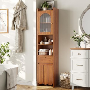 Tall Bathroom Storage Cabinet, Narrow Freestanding Cabinet, 3-Tier Adjustable Shelves, Walnut - 1 of 4