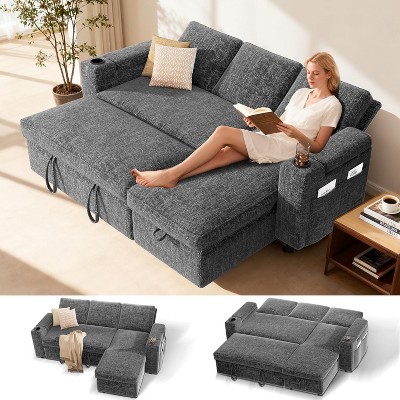 Dyonery L-Shaped Sleeper Sofa with Pull Out Bed,82" Sectional Couch with Reclining Backrest/Side Pocket/Armrest Storage/Cup Holder,Tool-Free Assembly