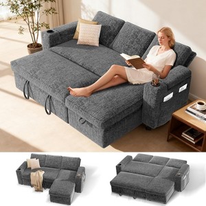 Dyonery L-Shaped Sleeper Sofa with Pull Out Bed,82" Sectional Couch with Reclining Backrest/Side Pocket/Armrest Storage/Cup Holder,Tool-Free Assembly - 1 of 4