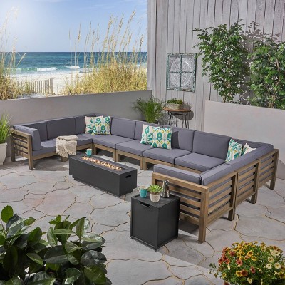 Malawi 12pc Acacia UShaped Sectional Sofa Set with Fire Pit  Gray/Dark Gray - Christopher Knight Home