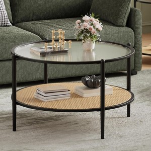 30" Round Rattan Coffee Table, 2-Tier Glass Storage End Table , Modern Circle Small Round Table with Tempered Water-Wave Glass Top  for Living Room - 1 of 4