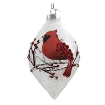 Holiday Ornament Snowy Cardinal  -  One Ornament 4.0 Inches -  Christmas Red Berries  -   -  Glass  -  Clear
