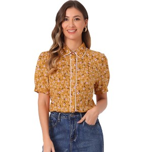 INSPIRE CHIC Women's Peter Pan Collar Contrast Trim Puff Sleeve Peasant Floral Shirt - 1 of 4