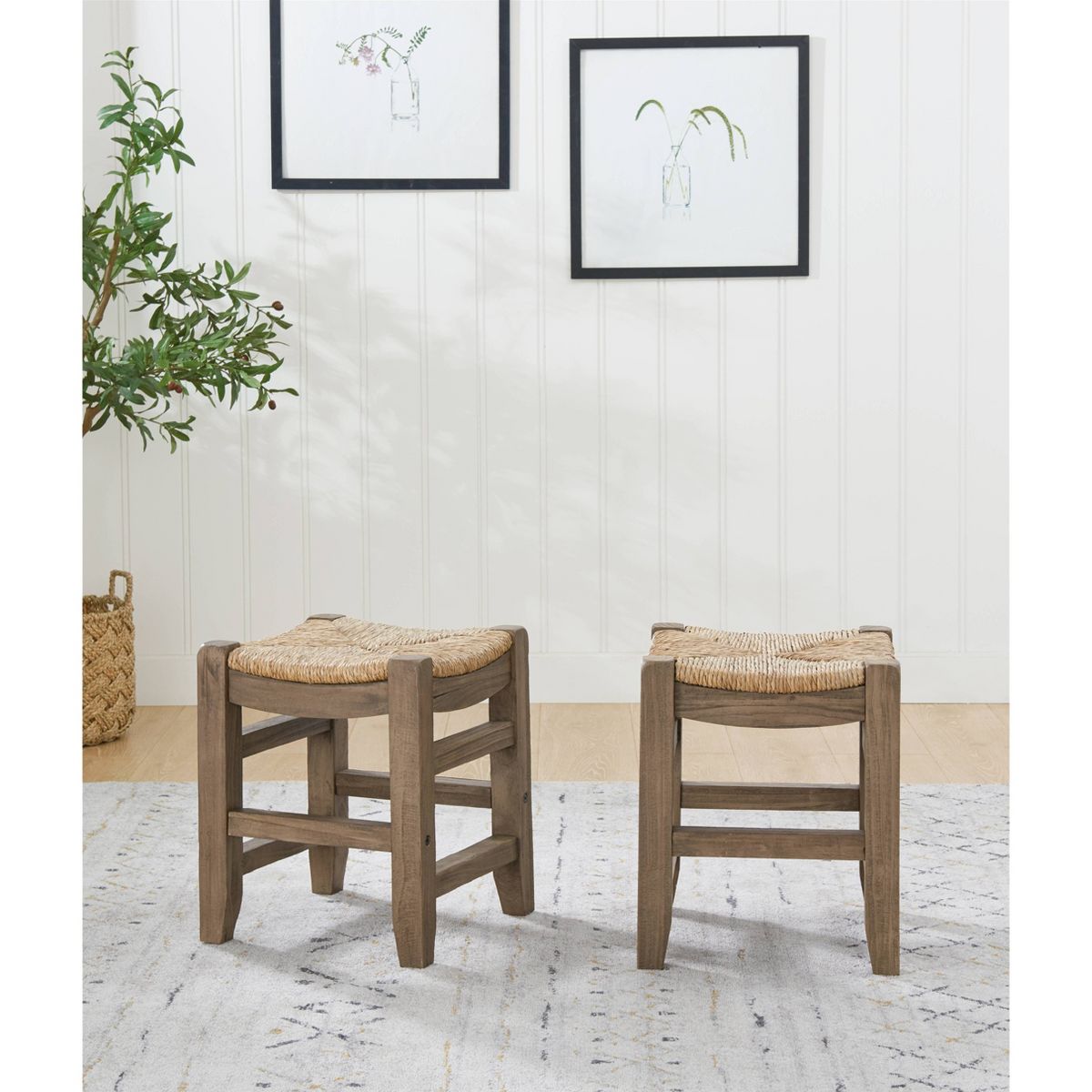 Set of 2 Davenport Wood Stools with Rush Seats Light Amber - Alaterre Furniture: Rustic Square Frame - thumbnail 2
