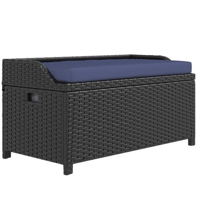 Outsunny Storage Bench Rattan Wicker Garden Deck Box Bin with Interior Waterproof Cloth Bag and Comfortable Cushion