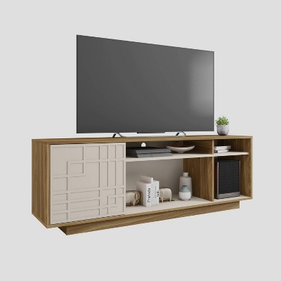 Oak and White Modern TV Stand with Chevron Pattern Cabinet for 70" Screens