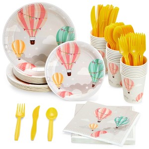 Sparkle and Bash 168-Piece Hot Air Balloon Party Decorations for Baby Shower, Birthday Party, Paper Plates, Plastic Cutlery, Cups, and Napkins, Serves - 1 of 4