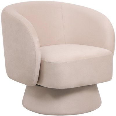 LeisureMod Upholstered Velvet Boucle Linen Accent Chair with Round Barrel Design, 360-Degree Swivel, and Removable Round Base