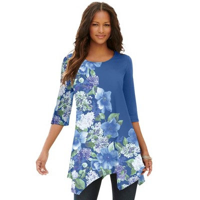 Roaman's Women's Plus Size Printed Handkerchief Hem Tunic
