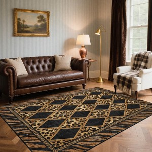 Modern Washable Area Rug, Checkered Leopard Print Floor Cover with Non Slip Backing, Low Pile Stain Resistant Indoor Carpet - 1 of 4