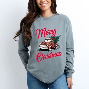 Simply Sage Market Women's Christmas Leopard Truck Long Sleeve Garment Dyed Tee - 1 of 4