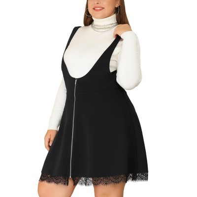 Agnes Orinda Women's Plus Size Fashion A-Line Zipper Solid Lace Trim Mini Suspender Skirt