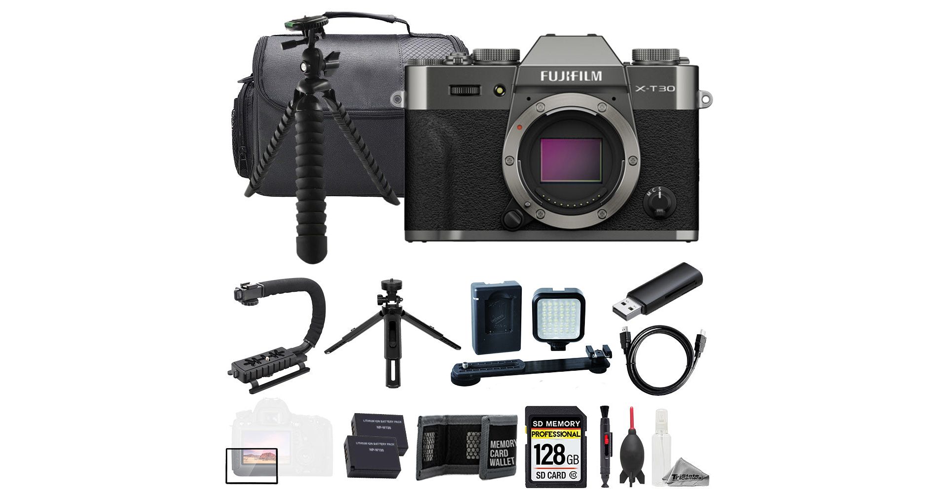 Fujifilm X-T30 III Mirrorless Camera Kit – Charcoal Silver with 128GB Memory, Extra Battery, LED Light & Tripods