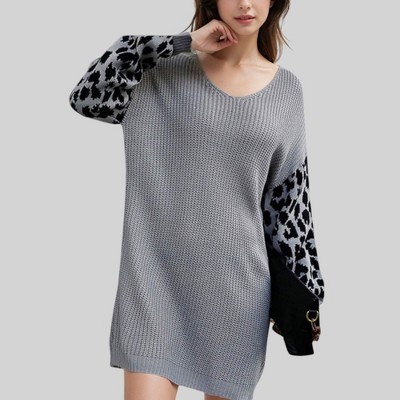 Anna-Kaci Women's Leopard Print Sleeve Knit Tunic Sweater