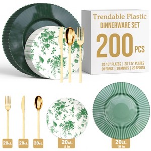 Trendables Emerald Plastic Dinnerware Set Serves 40 | Plastic disposable plates & disposable Gold fork Gold Spoons and Gold knives- 200 PCs - 1 of 4