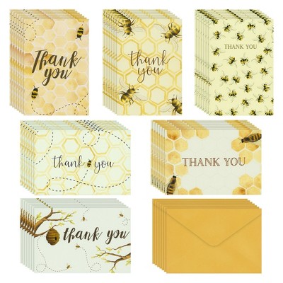 Pipilo Press 48 Pack Bulk Bumble Bee Thank you Cards with Envelopes for Baby Showers, Birthdays, 6 Designs, 4 x 6 In