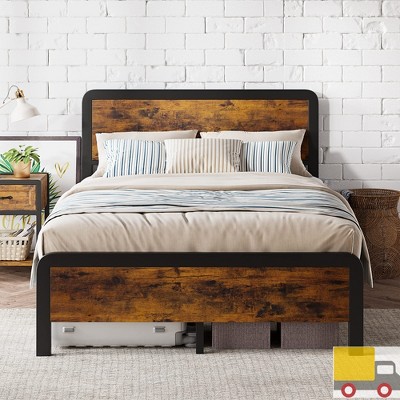 Garvee Bed Frame with Wood Headboard and Footboard, Heavy Duty Metal Platform with Rounded Corners, 12.6" Under-Bed Storage,No Box Spring Needed