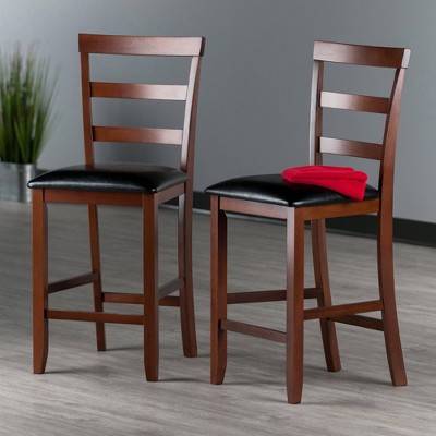Walnut Wood & Black Leather Transitional Counter Stools, Set of 2