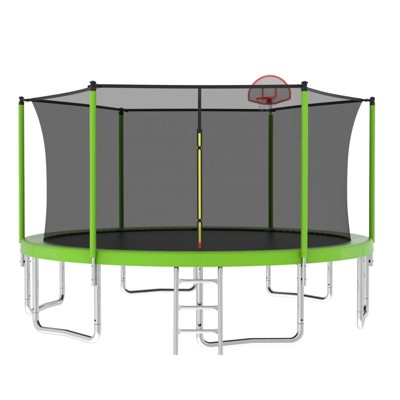 VisioGear 14FT Trampoline with Safety Enclosure Net, Trampoline with Basketball Hoop, Green, 168"*168"*108"