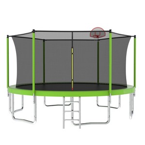 VisioGear 14FT Trampoline with Safety Enclosure Net, Trampoline with Basketball Hoop, Green, 168"*168"*108" - 1 of 4