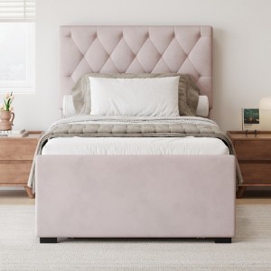 Twin Size Velvet Fabric Upholstered Platform Bed with Trundle Bed and Adjustable Button Tufted Headboard, No Box Spring Needed, Pink - 1 of 3