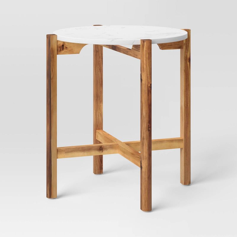 Wood and Marble Accent Table Natural - Threshold™, 1 of 7
