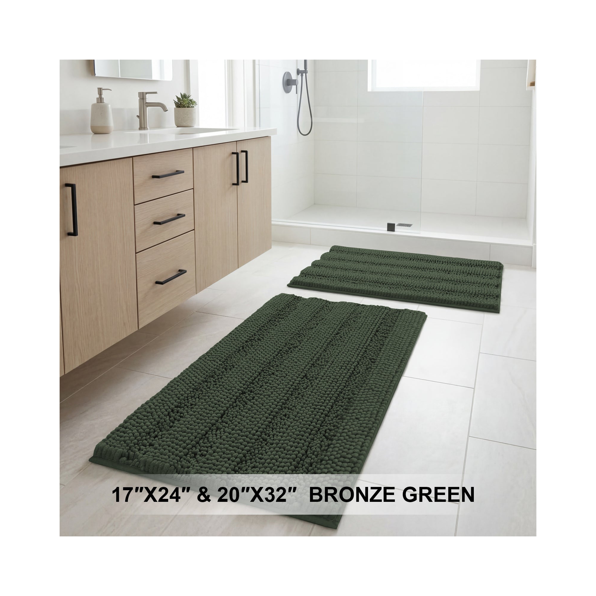 H.Versailtex 2 Pieces Extra Thick Chenille Striped Pattern Shaggy Bath Rugs Include 1 Rectangle and 1 Toilet Rug BRONZE 32"x20"/24"x17"