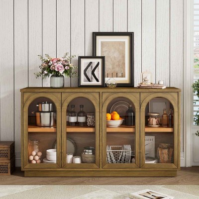 4-Door Buffet Cabinet with Arched Glass Doors, Cabinet with Adjustable Shelves, Cabinet with Wood Frame and MDF Panels-Coolbibila