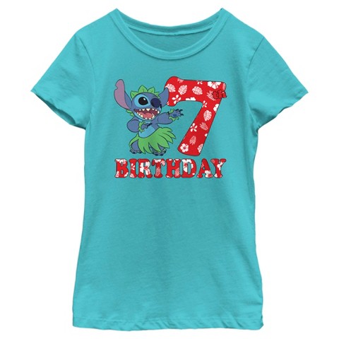 Lilo & Stitch Girl's Lilo & Stitch 7th Birthday Hula Dance T-Shirt - Tahiti Blue - Medium