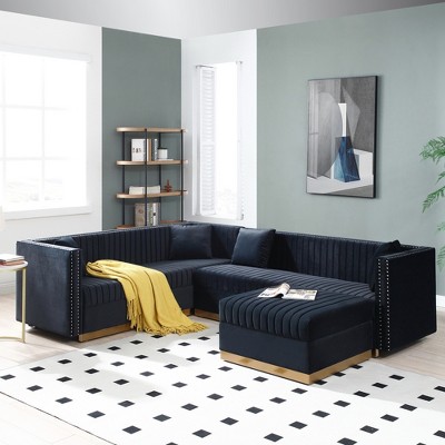 Luxurious 100.8 Velvet Upholstered U-Shaped Corner Sectional Sofa with Ottoman, Vertical Channel Tufting, Gold Base, and 4 Pillows