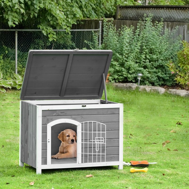 PawHut Foldable Wooden Dog House Raised Puppy Cage Kennel Cat Shelter for Indoor & Outdoor w/ Lockable Door Openable Roof Removable Bottom Gray, 3 of 7