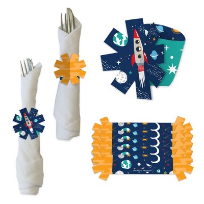 Big Dot of Happiness Blast Off to Outer Space - Rocket Ship Baby Shower or Birthday Party Paper Napkin Holder - Napkin Rings - Set of 24