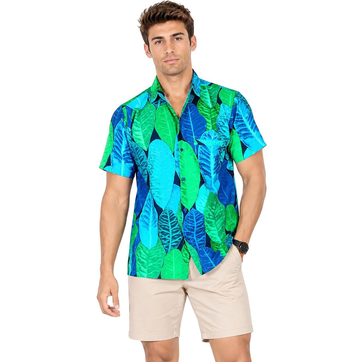 LA LEELA Mens Summer Vacation Shirt Relaxed Fit Casual Resortwear Holiday Beachwear Cruise Travel Clothing 5XL Multi Leaf