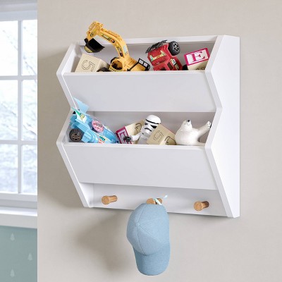 White MDF Floating Wall Shelf with Wooden Hooks