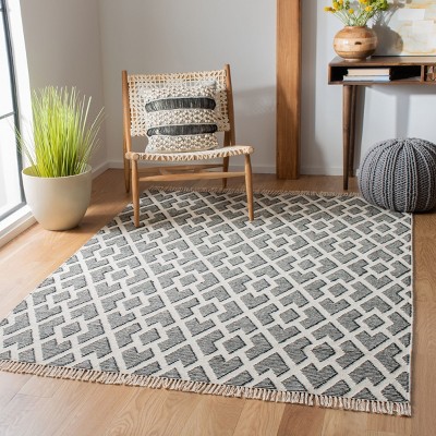 Nomadic Essence Handwoven Black and Cream Wool Area Rug, 5' x 8'