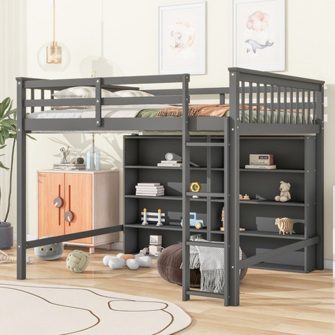 Full Size Loft Bed With 8 Open Storage Shelves And Built-in Ladder ...