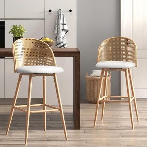 TYBOATLE Bar Stools Set, 29" Rattan Swivel Barstools with Faux Leather, Boho Mid-Century Modern Upholstered Bar Chairs for Kitchen Island - 1 of 4