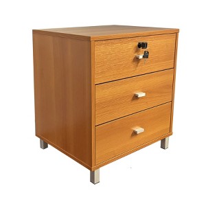 Vynxaria Three drawer nightstand locking top drawer metal drawer glides metal bar handles light cherry color - 1 of 4