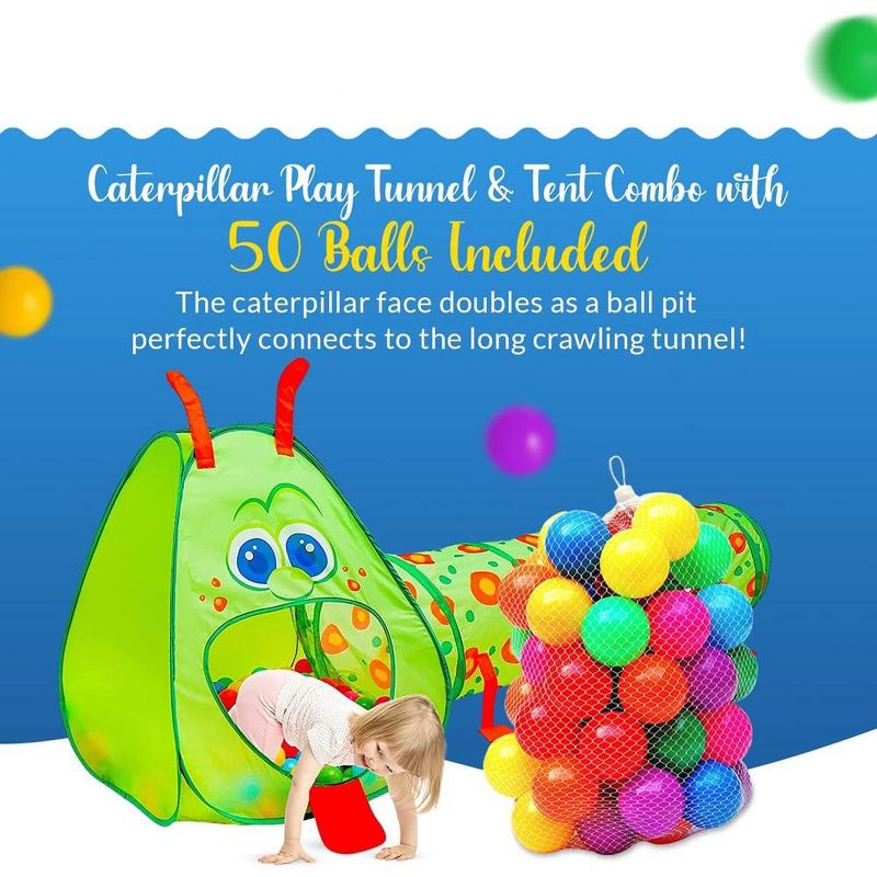 Kiddey 2 Piece Kids Caterpillar Play Tunnel and Tent, includes Ball Pit Area, Fun Exercise for Kids, Foldable & Easy to Set up, 2 of 8
