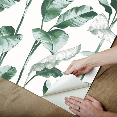 Teal and White Vinyl Peel and Stick Banana Leaf Wallpaper