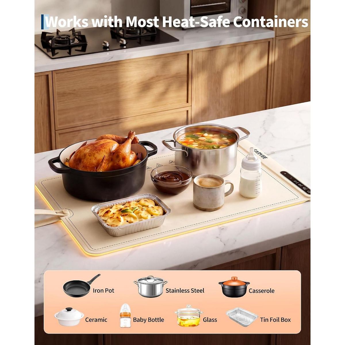 25×16 Inch Silicone Food Warming Mat 500W 8‑Level Temp with Digital Display, Ambient Light, Child Lock, Silicone Fastener, BW668 US Plug - thumbnail 4