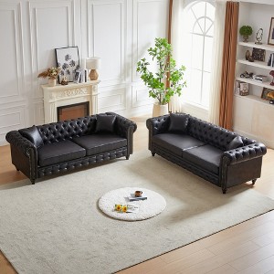 126'' Tech Fabric Chesterfield 3+3 Seater Sofa Set with Rolled Arms, Tufted Buttons and 4 Matching Cushions - 1 of 4