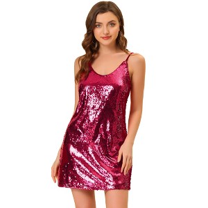 Allegra K Women's Glitter Sequin Spaghetti Strap V Neck Party Cocktail Sparkly Mini Dress - 1 of 4