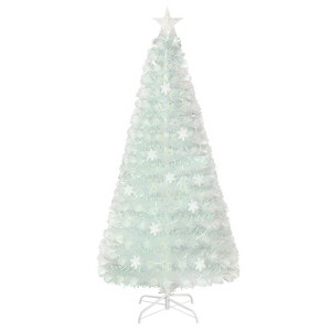 Tangkula 5/6/7FT Artificial Fiber Optic Christmas Tree White Pre-lit Xmas Tree w/ Iridescent Leaves 24/30/36 Multi-color Snowflake Lights - 1 of 4