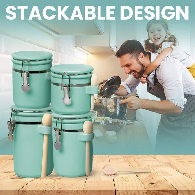 Home Intuition 4-Piece Ceramic Kitchen Canisters Set, Airtight Jars with Wooden Spoons Reusable Chalk Labels and Marker for Sugar, Coffee, Flour, Tea (Turquoise) — фото 7
