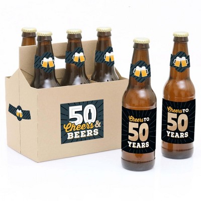 Big Dot of Happiness Cheers and Beers to 50 Years - 50th Birthday Party Decorations for Women and Men - 6 Beer Bottle Label Stickers and 1 Carrier