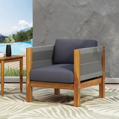 1 Piece Outdoor Patio Acacia Wood Armrests Club Chair,Fabric Upholstered Lounge Chair,Polyethylene Rattan Weave Garden Club Chair-Coolbibila